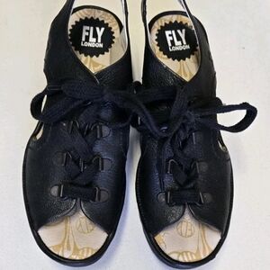 Fly London Black Leather Lace Up Wedge Sandals Size EU 37 US 6.5/7